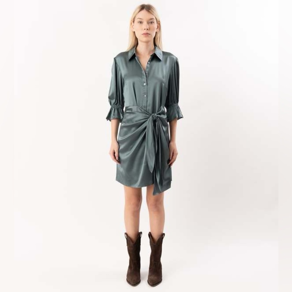NWT Cinq à Sept Fabbie Satin Tied Mini Dress Charcoal Teal Size 4
